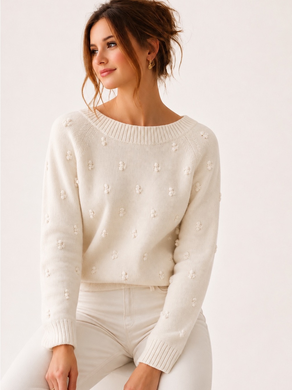 Jones New York Signature Ivory Wool Angora Bobble Knit Sweater Small Balletcore